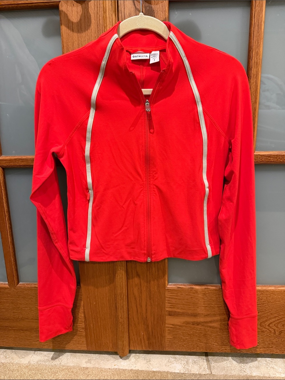 Athleta Bright Red Zip-Front Bomber Jacket with White Piping